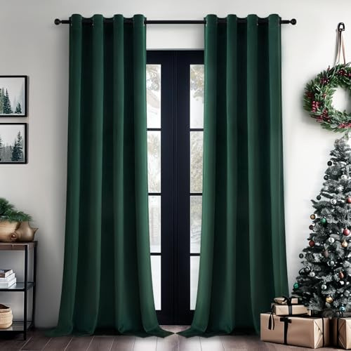 Topfinel Rideaux Velours Vert Foncé 140x240 CM Lot de 2, Luxurious Doux Rideau Occultant Thermique Isolant Anti Froid et Chaleur à Oeillets pour Chambre Salon