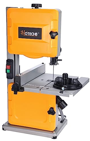 Hoteche Tischbandsäge 200 mm für Holz und Kunststoff | Für Kurvenschnitte Gehrungsschnitte und Hobbywerkstatt mit 300 x 300 mm Sägetisch und 1400 mm Sägeband