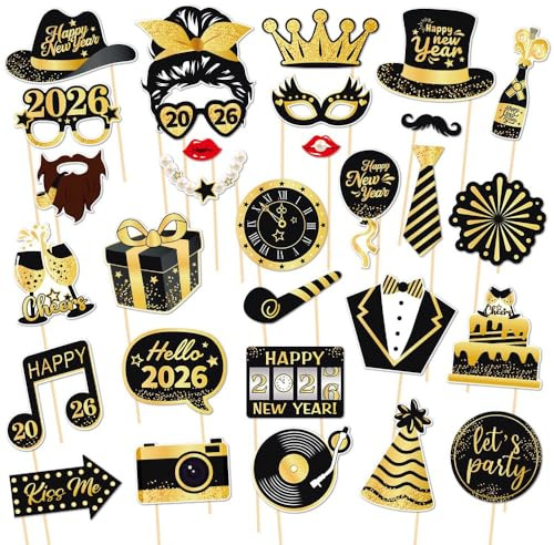 30 PCS New Year Photo Booth Props 2026 New Year Eve Photo Booth Props 2026 Happy New Year Decorations New Year’s Eve Party Supplies Favors for Pictures