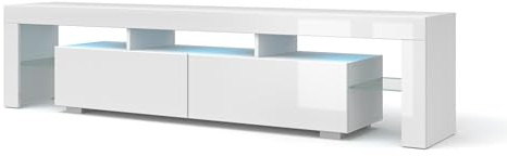 Homlando TV-Ständer Panama 190 cm Schrank - Moderner TV-Möbel - TV-Medienkonsolentisch - Weißer TV-Schrank - für Fernseher bis zu 80 Zoll (weiß matt/weiß glänzend mit LED)