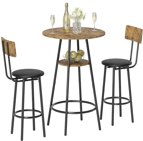 HOMCOM Bartisch mit Barhocker-Set 2 Stühle Metallrahmen Rustikal-Braun