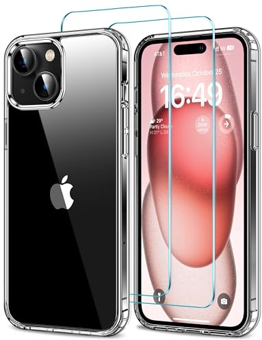 HOOMIL 3 in 1 Hülle für iPhone 15, mit 2 Stück Schutzfolie, Militärischer Stoßschutz, Nie Vergilbung Transparent Case - Durchsichtig