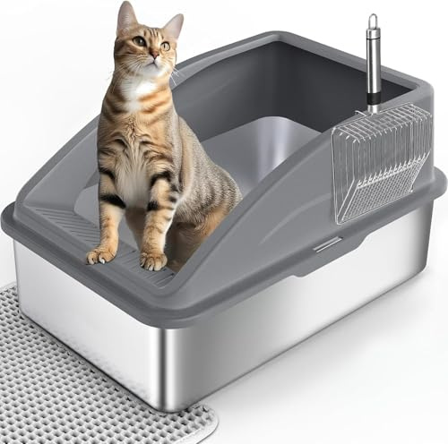 FURTIME Katzenklo Edelstahl XL, Katzentoilette Edelstahl 30L Katzenklo Groß mit Katzenstreuschaufel und Doppelschicht Matte, Auslaufsichere XL Litter Box, 58x37x28.5cm