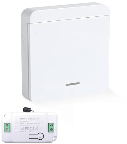 433MHz Lichtschalter Set, funkschalter zur Steuerung von Lampen bis 2000W, Reichweite 70m, Einfache Installation ohne Verkabelung, Kabelloser mit Empfänger 10A, Funklichtschalter Wand Funktaster