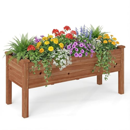 COSTWAY Jardinière Surélevée en Bois avec 5 Trous de Drainage (Marron) | Carré Potager Surélevé, Hauteur de Travail Confortable pour Légumes, Herbes, Fleurs, Jusqu’à 100KG, 120 x 43,5 x 51CM