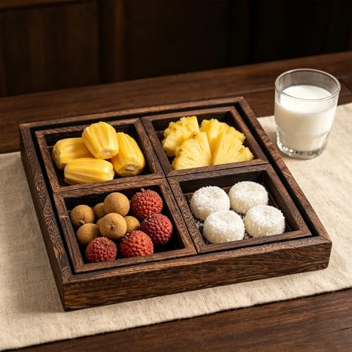 YedZen Vassoio da portata in legno, 5 pezzi, 27 x 27 x 3,5 cm, con vassoi quadrati da 4 x 12 cm, vassoio in legno per colazione, cucina, cibo, tè, caffè