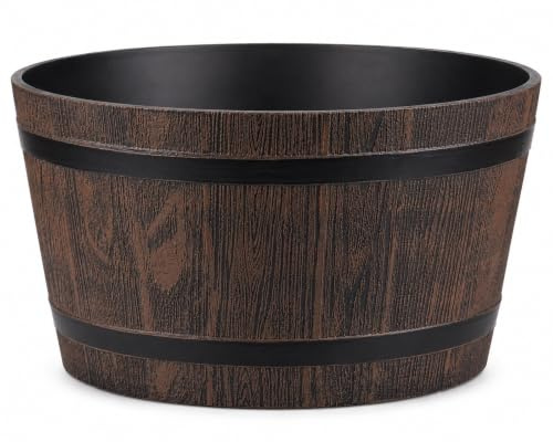 Muddy Hands Wooden Barrel Effect Water Feature Container 21 Litre Rustic Outdoor Garden Pond Bowl, Decorative Plastic Planter Style Water Feature Basin, 39.5cm Diameter, No Drainage Holes (1)