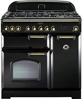Rangemaster CDL90DFFBL/B Classic Deluxe Gloss Black with Brass Trim 90cm Dual Fuel Range Cooker