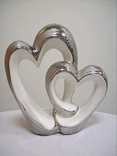 Deko Objekt Herzduo mit Knoten aus Keramik, silber - weiß, 20 cm hoch, Gilde Deko