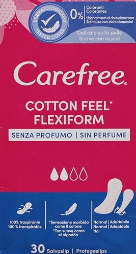 Carefree Salvaslip Cotton Feel Flexiform Senza Profumo, Salva slip donna 100% traspiranti ideali per tutti i tipi di slip, Morbidi proteggi slip che si adattano ai movimenti del corpo, 30 salvaslip