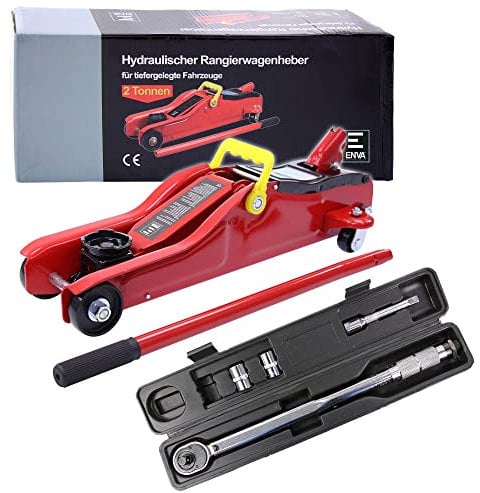 ENVA Hydraulischer Wagenheber 2t Rangierwagenheber Hubhöhe 85 – 330 mm + Drehmomentschlüssel 1/2 Zoll Antrieb Vierkant inkl. Verlängerung 110 mm Stecknüsse 17 mm und 19 mm