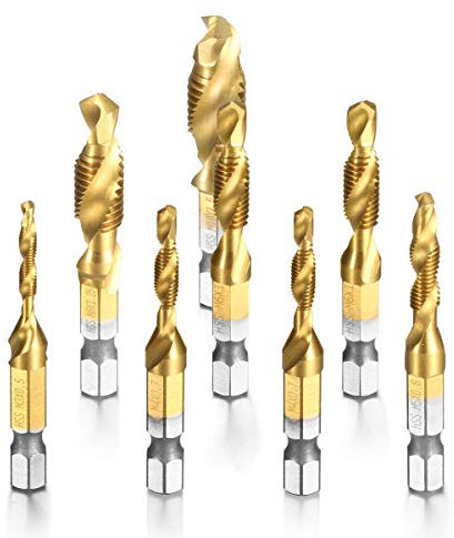 Camtek 8 piezas combinado Titanio brocas rosca HSS 1/4 Vástago HSS Tornillo Manual MétricoTornillos de Taladro Chapado de titanio Color cobre
