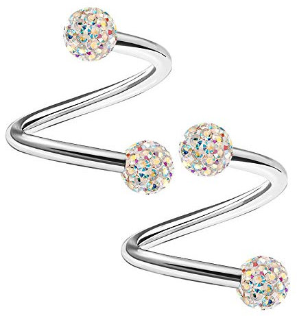 KJM FASHION 2 Stk Stahl Twist 1,2mm 16 Gauge 8mm 5/16 Inch 3mm Aurora Borealis Ferido Kristall Kugel Helix Cartilage Tragus Ohrringe Piercing Schmuck 2157