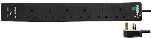 Ex-Pro 6 Gang Way 3m 13A Mains Power Surge Protected 2 x USB Charge Ports 2.4A 5v Extension Socket Cable - Black