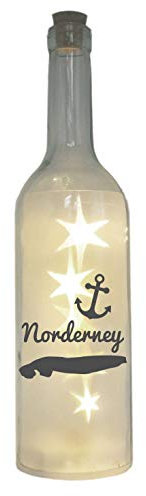 WB wohn trends LED-Flasche mit Motiv, Insel Norderney Silhouette, grau, 29cm, Glitzer-Flasche Leuchtflasche Lampe mit Text Spruch maritim