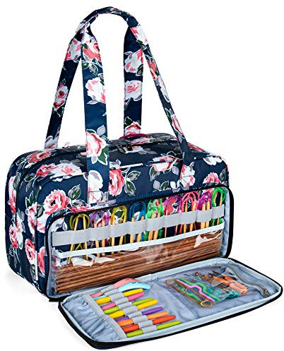 CURMIO Aufbewahrungstasche für Wolle, Stricktasche für Garn, Tragetasche zum Stricken von Projekten, Häkel-/Stricknadeln und Anderem Zubehör (OHNE ZUBEHÖR ENTHALTEN), Blaue Blume