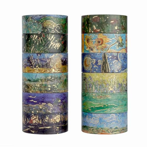 Lychii Washi Tape Set, 12 Rollen Gold Stamping Masking Tapes, Multi-Pattern Dekoratives Klebeband Kollektion für Kunst und Heimwerker, Verschönern Bullet Journals, Planer, Scrapbooking