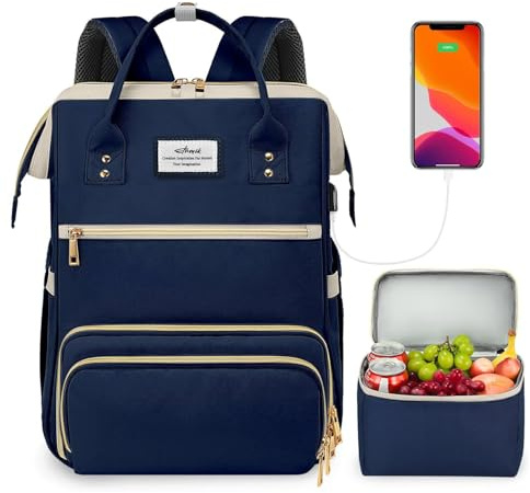 ETRONIK Laptop Lunch Backpack for Women, 15.6 inch Laptop Backpack | Backpack with USB Port Teacher Nurse Work Bag with Cooler Bag Insulated, Rucksack for Women Business Work Picnic, Blue