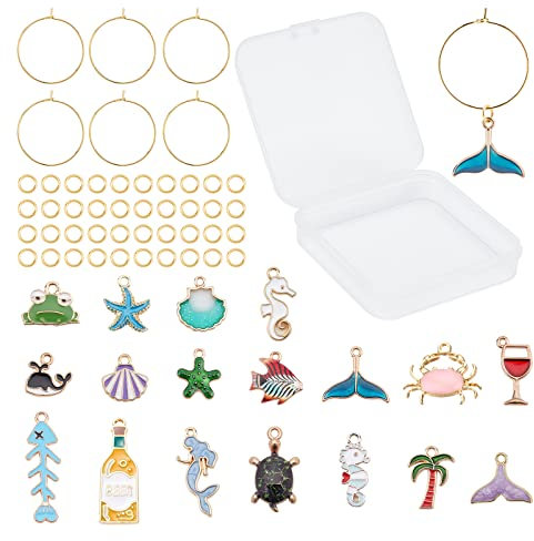 SUNNYCLUE 1 Box 18 Styles Ocean Style Wine Glass Charms Identifiers Markers Tags Sea Animal Enamel Pendants Alloy Shell Charm with 18Pcs Wine Charm Rings & 40Pcs Jump Rings Party Favors Decorations