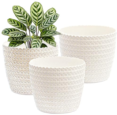 Home Garden Ornaments Plant Pots Indoor – Set of 3 Plastic Planters with Woven Effect Texture Without Drainage Holes (White, 18 cm / 7.1 inch)