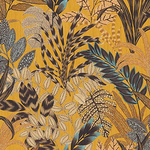 Papier peint jungle jaune tendance pour salon | Tapisserie jaune & verte motif feuille | Papier peint tropical motif végétal