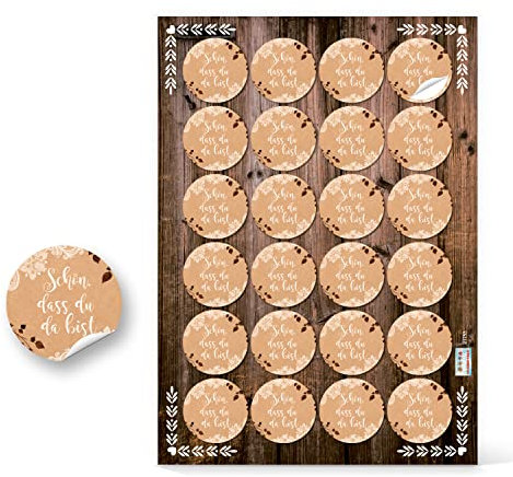 Logbuch-Verlag 24 runde SCHÖN DASS DU DA BIST Aufkleber braun weiß im Boho Vintage Stil - Sticker für Gastgeschenke Hochzeitsdeko