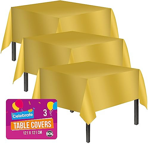 SOL 3pk Gold Table Cover 121x121cm Party Table Cloth Plastic Disposable Tablecloths for Parties - Elegant Durable Design - Perfect for Weddings, Birthdays, Buffets, Indoor & Outdoor Events