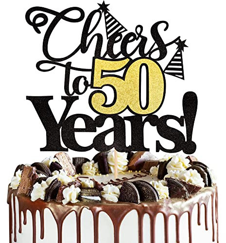 Xsstarmi 1 Packung Cheers to 50 Years Cake Topper Black Glitter Fifty Years Old 50th Birthday Cake Pick Dekorationen für 40. Geburtstag Hochzeit Jahrestag Party Supplies