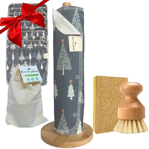 Love Our Planet 1Ply 10 Reusable Unpaper Towels, Eco Friendly Kitchen Paper Roll, Cleaning Cloths, Bamboo Dish Brush, Washing Up Sponge, Bamboo Stand Washable Non Scratch Scourer (Christmas)