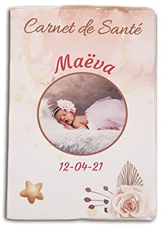 Nemau - Protège Carnet de Santé Personnalisé avec Prénom, Date et Photo – Gomme Expansée – Fabriqué en France – Étui Carnet Bébé Enfant Fille ou Garçon – Cadeau Naissance - Modèle Etoile Dorée Fille
