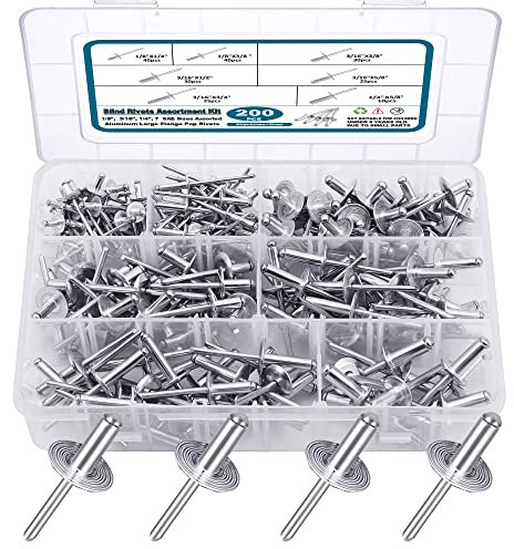 SATANTECH 200PCS Pop Rivets Assortment Kit, Large Flange Aluminum Rivets(1/8 3/16 1/4) Assorted Blind Rivets with Case
