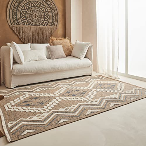Nazar Tapis, Tapis Salon Nature Aspect Jute Chiné Motif Moderne Style Boho, Tapis pour Salon, Chambre, Terrasse, Exterieur, Couleur Naturelle (9054 Bleu, 200x290 cm)