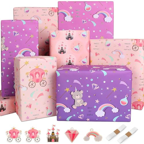 Girls Birthday Wrapping Paper Set, Purple Castle Rainbow Pink, Recycled Gift Wrap for Kids, Includes Tag Ribbon