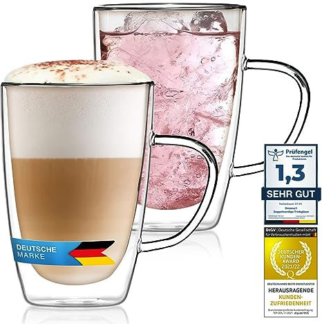 Doppelwandige Kaffeetasse Thermo-Gläser Set 400ml für Espresso Cappuccino, Teegläser Kaffeegläser Latte Macchiato Tassen, Schwebeeffekt mit Henkel (2 Stück)
