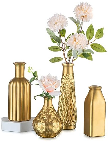 Inweder Lot de 4 Petits Vases en Verre Doré pour Décoration de Table de Noël, Fleurs Modernes, Esthétiques, Décoratifs pour Centres de Table de Mariage, Salon, Cuisine