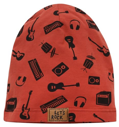 Pinokio dünne Beanie Mütze Lets Rock, rot Musikmuster Jungen, Gr 47-53(47)