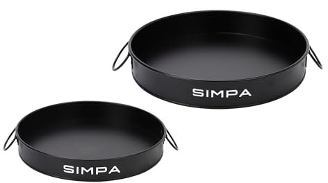 simpa Round 2PC Metal Colour Serving Trays Set with Handles, 30cm & 25cm Diameter Trays - Matt Black