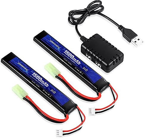 URGENEX Airsoft Akku 7.4V 1500mAh 35C High Discharge Rate Lipo Battery Pack with Mini Plug Rechargeable 2S Lipo Battery for Airsoft Model Guns