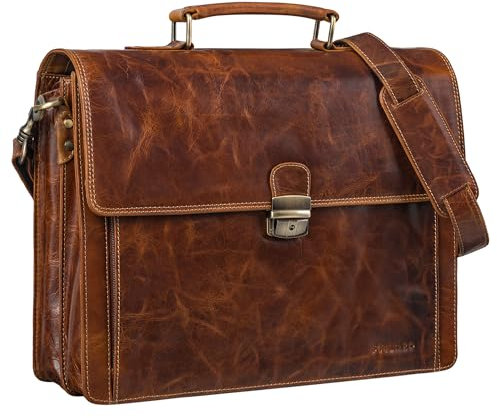 STILORD 'Stanley' Aktentasche Herren Leder mit Schloss für 17 Zoll Laptop Business Tasche Echtleder Vintage Laptoptasche Groß Umhängetasche XL mit Trolley Halterung, Farbe:cannes - braun