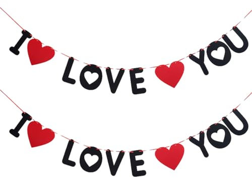 EUPSIIU 2 Stück I LOVE YOU Banner, Herzgirlande, Valentinstag Dekoration, Herzgirlanden Hängend Herzen Banner, für Vorschlag Geburtstag Valentiner Party Home Fenstertür Dekoration (Schwarz)