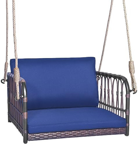 COSTWAY Hängesessel blau, Hängestuhl bis 180kg belastbar, Hängesitz mit Kissen & Metallrahmen & Hängeseilen, Schaukelstuhl für Veranda und Hinterhof