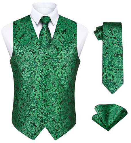 Enlision Herren Weste Paisley Muster Blumenmuster Krawatte Einstecktuch für Herren Hochzeit Party Weste Anzug-Set Grün 2XL