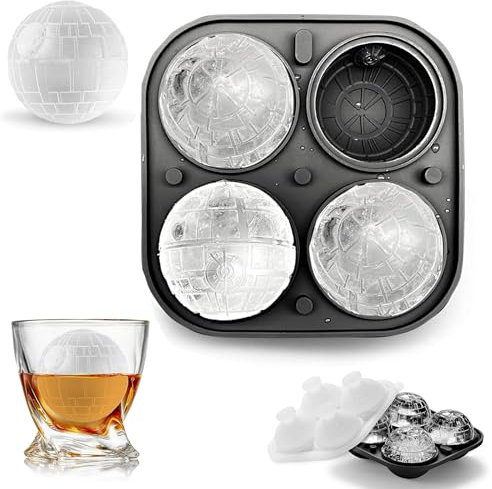 Cubitera de silicona con forma de estrella de la muerte redonda, 3D con forma de estrella de la muerte, reutilizable con tapa y embudo, libre de BPA, fácil de soltar, para hielo, whisky, cóctel, zumo