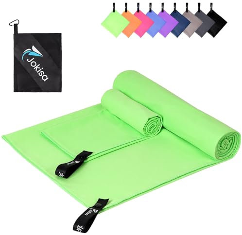 Jokisa Mikrofaser Handtuch 2er Set, 180X90cm Strandtuch Mikrofaser + 80X40cm Sporthandtuch, Schnelltrocknendes & Sandfrei Handtücher für Outdoor Sauna Strand Trekking (Hellgrün)