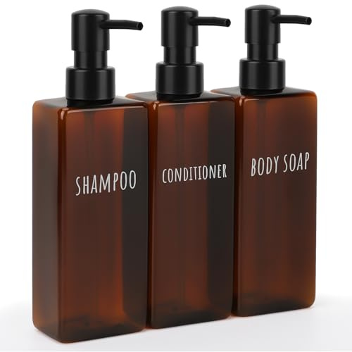 Segbeauty Duschgel Spender, 3 Stück Shampoo Flaschen zum Befüllen 500ml, Seifenspender Dusche mit Bedruckten Etiketten, Seifenspender Kunststoff (Braun)