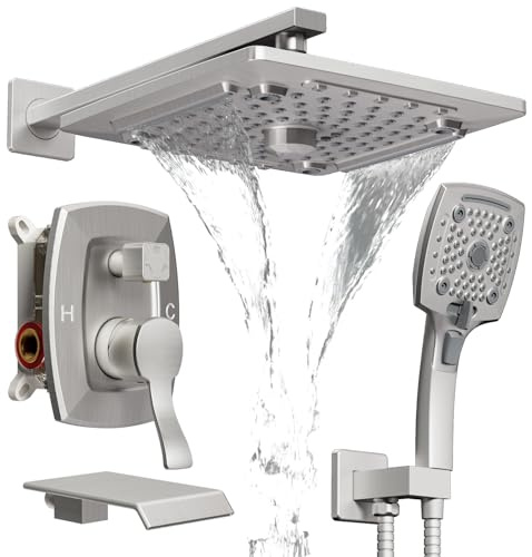 ELLO&ALLO Duscharmatur-Set, gebürstetes Nickel, Mischventil und Verkleidungsset, Regenfall-Duschkopf mit Handbrause