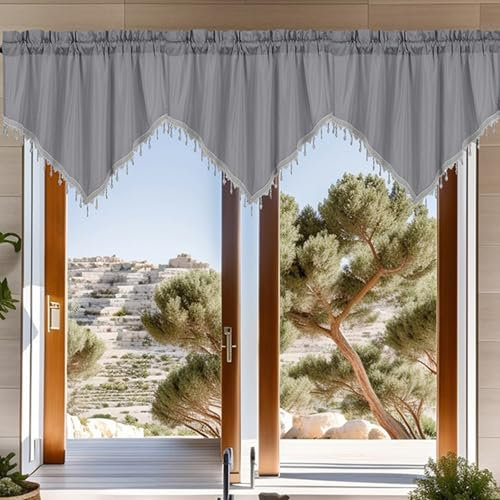 Lirzxin Scheibengardinen, Bistrogardinen Halbtransparente Kurz Gardine Einfarbig Dreieck mit Quasten Polyester Kurzer Vorhang Jalousien für Kleine Fenster, 130x60CM, Grau, 3er Set