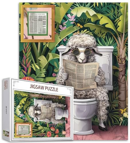Tucocoo Funny Sheep on Toilet Jigsaw Puzzles for Adults 1000 Piece, Cute Animal Reading Newspapers Art DIY Crafts Puzzles for Home Decoration Gifts, Family Challenging Puzzle Perfect for Game Nights