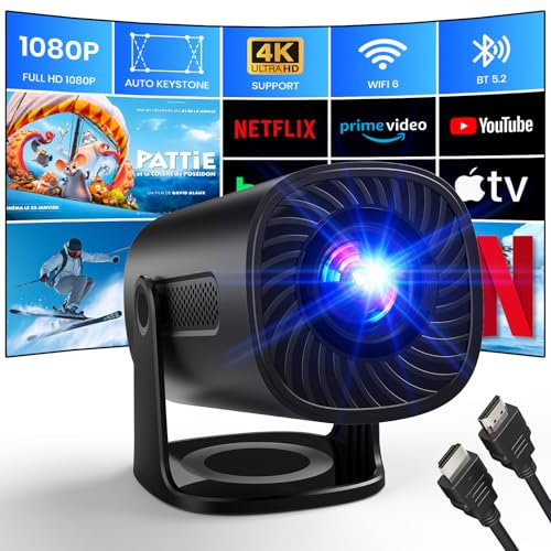 Mini Proyector 4K 1080P Proyector con Modos Estrella WiFi 6 y Bluetooth Proyector con Apps y Android TV OS, Auto Keystone Altavoz Estéreo, Compatible con TV Stick/Smartphone/HDMI, Negro