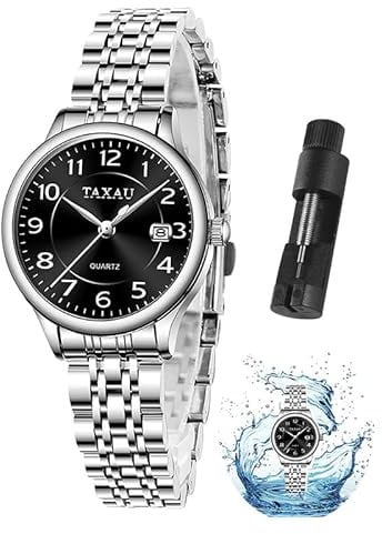 Taxau Damenuhr Uhr Edelstahlarmband Schwarzes Zifferblatt Damen Armbanduhr Mit Datumsanzeige Luxuriös Damenuhren Lässig Geschäftlich Damen Uhren Wasserdichtes Quarzwerk Women Watch